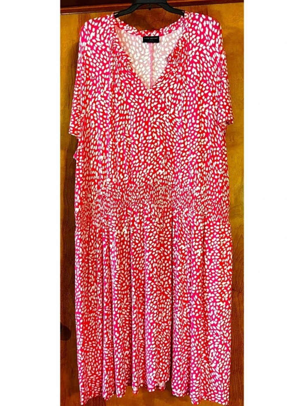 Lane Bryant Pink Dot Print Knit Dress 26 28 4X Fit & Flare Elastic Smocked Waist